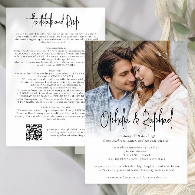 Invitación Guión de foto QR Detalles del Boda RSVP Todo en un (Front and back view)
