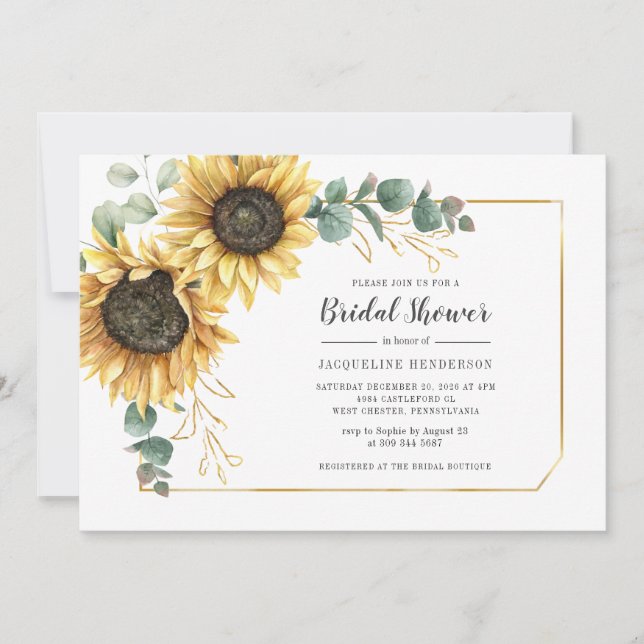 Invitación Guión de girasol Eucalyptus Floral Bridal Shower (Anverso)