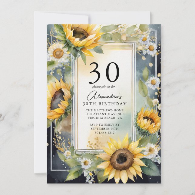 Invitación Guión de girasol floral rústico 30 cumpleaños (Anverso)