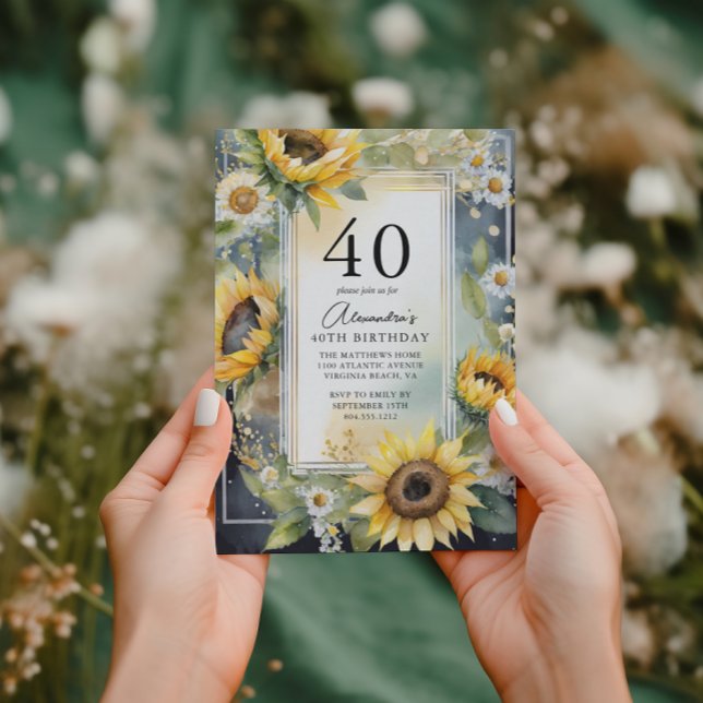 Invitación Guión de girasol floral rústico 40 cumpleaños (Subido por el creador)