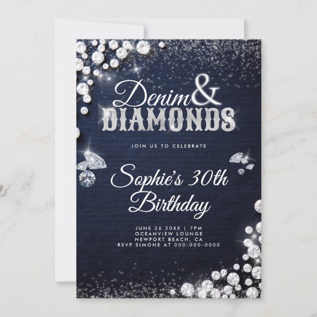 Invitación Guión de glam de los diamantes de Denim Elegante c (Anverso)