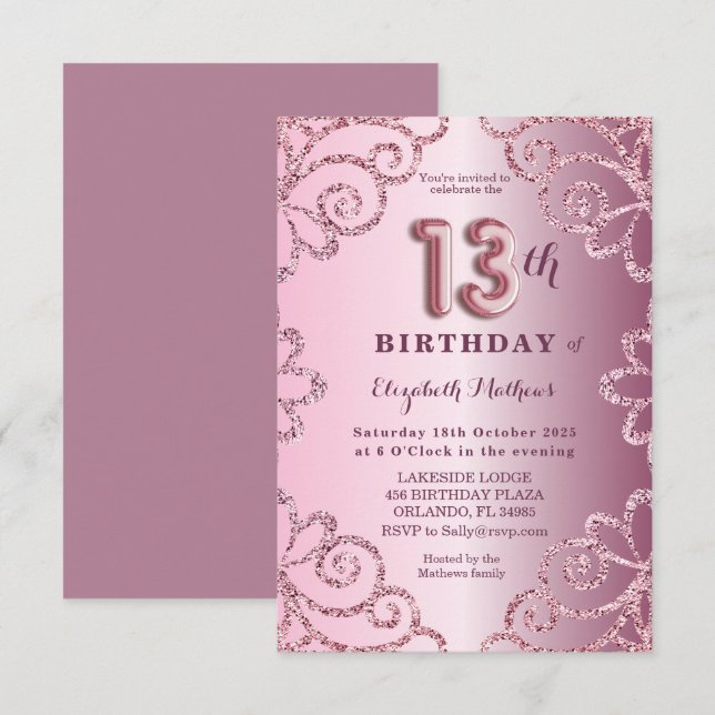 Invitación Guión de globo de cumpleaños número trece con bril (Anverso / Reverso)