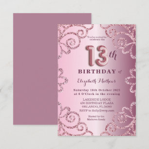 Invitación Guión de globo de cumpleaños número trece con bril
