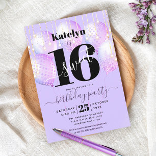 Invitación Guion de globo de cumpleaños Sweet 16 púrpura glam
