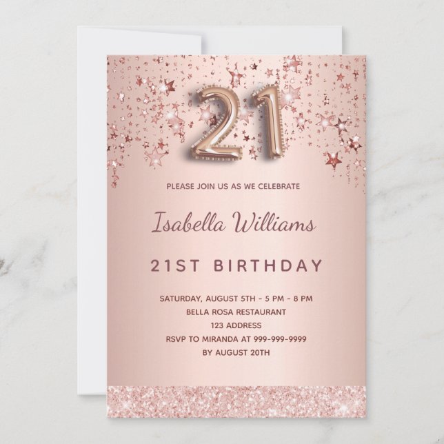 Invitación Guión de globo de estrellas rosa dorado de 21 años (Anverso)
