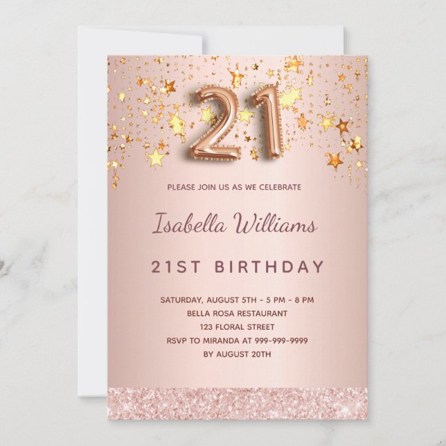 Invitación Guión de globo de estrellas rosa dorado de 21 años (Anverso)