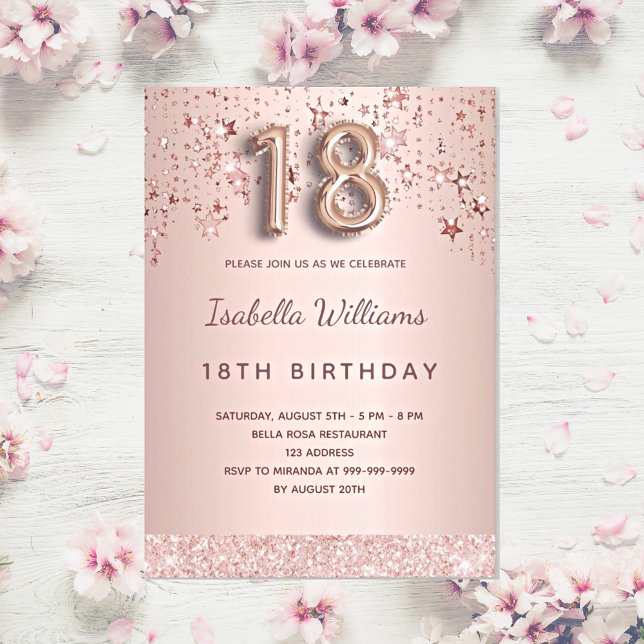 Invitación Guión de globo de estrellas rosa rosa de 18 años (Subido por el creador)