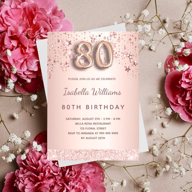 Invitación Guión de globo de estrellas rosa rosa de 80 años (Subido por el creador)