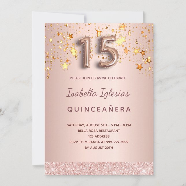 Invitación Guión de globo de estrellas rosa rosa Quinceanera (Anverso)