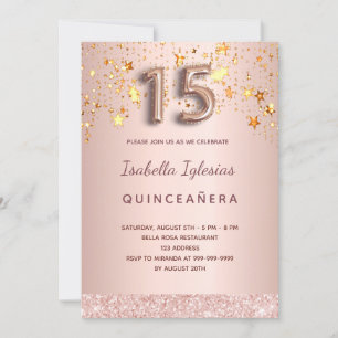 Invitación Guión de globo de estrellas rosa rosa Quinceanera