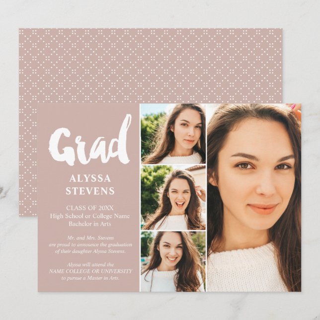 Invitación Guión de Grad simple y rosa mojado 4 fotos graduad (Anverso / Reverso)