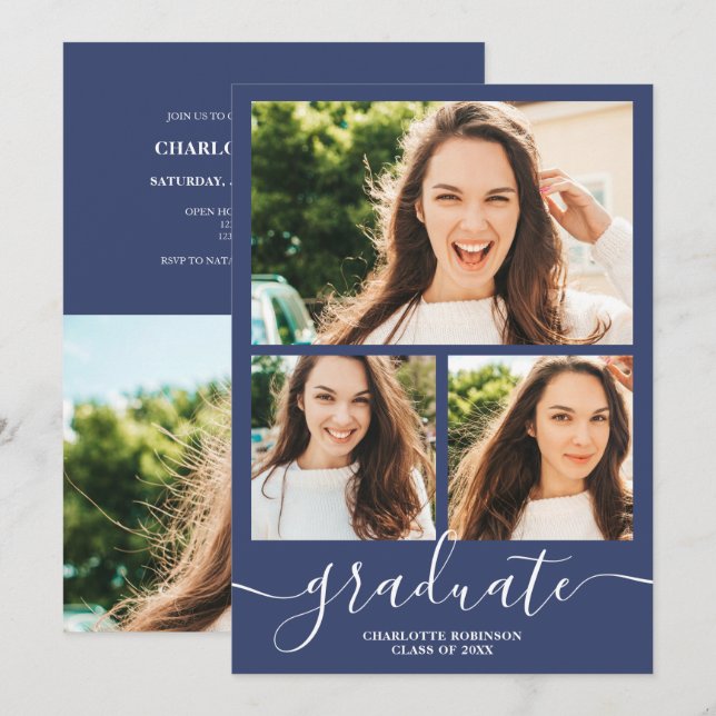 Invitación Guión de graduado azul marino 4 fotos graduadas (Anverso / Reverso)