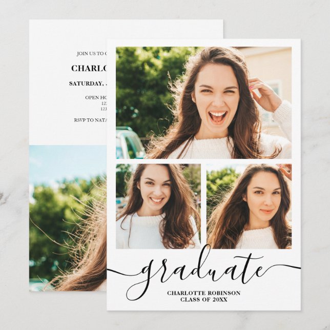 Invitación Guión de graduado blanco negro 4 fotos graduadas (Anverso / Reverso)