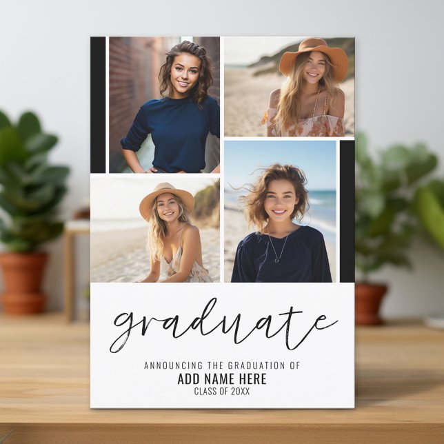Invitación Guión de graduado de 4 Collages de fotos - Graduac (Custom Graduation Announcement and Invitation)