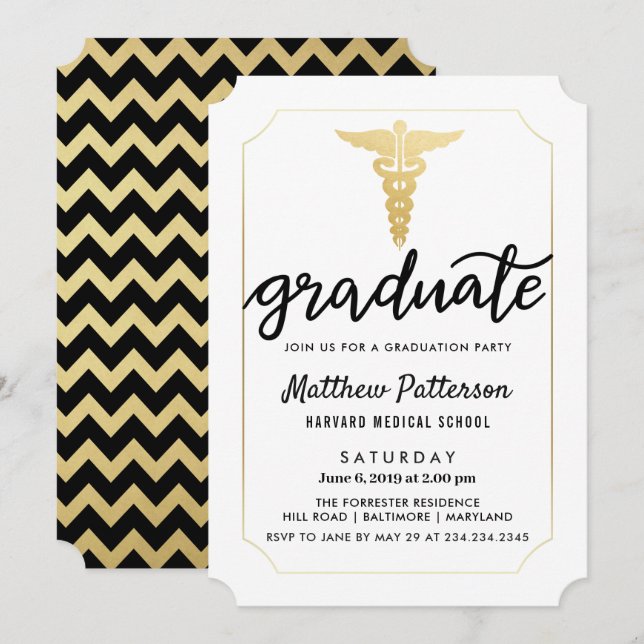 Invitación Guión de graduado de Caduceus Gold | Chevron de or (Anverso / Reverso)