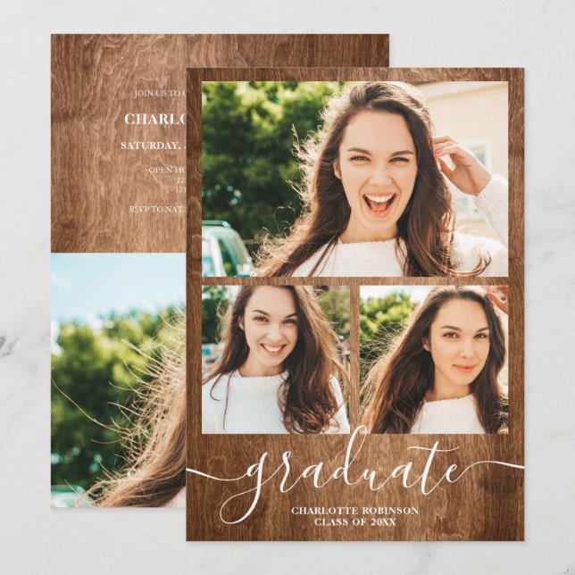 Invitación Guión de graduado de madera rústica 4 fotos gradua (Anverso / Reverso)