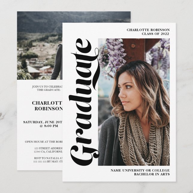 Invitación Guión de graduado en blanco y negro 3 graduación f (Anverso / Reverso)