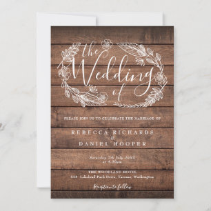 Invitación Guion de guirnalda floral de madera rústica Boda