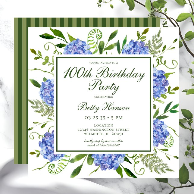 Invitación Guión de hidrángulos azules de 100 cumpleaños (Subido por el creador)