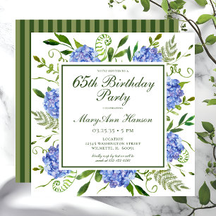 Invitación Guión de hidrángulos azules de cumpleaños 65