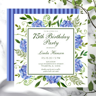 Invitación Guión de hidrángulos azules de cumpleaños 75