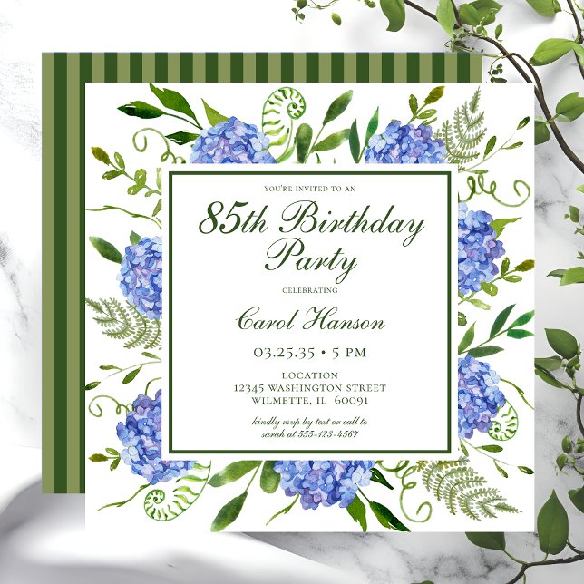 Invitación Guión de Hortensias Azules para el 85º Cumpleaños (Subido por el creador)