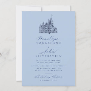 Invitación Guión de Ilustracion Chateau Boda Azul francés
