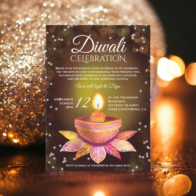 Invitación Guión de ilustracion claro de lámparas Diwali marr (Gold brown Diwali Lamps light illustration script Invitation)