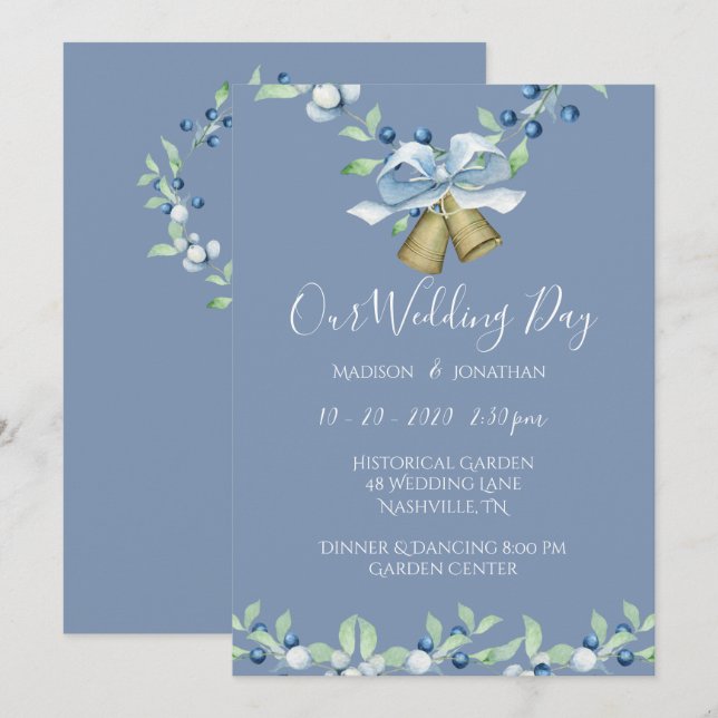 Invitación Guión de la corona azul bonito Elegante matrimonio (Anverso / Reverso)