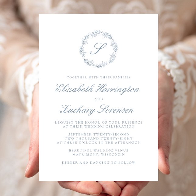 Invitación Guión de la corona de monograma azul turbio clásic (Subido por el creador)