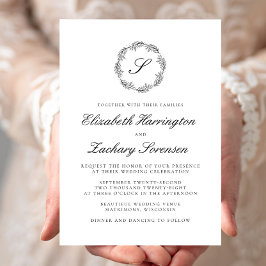 Invitación Guión de la corona de monograma clásico negro y bl