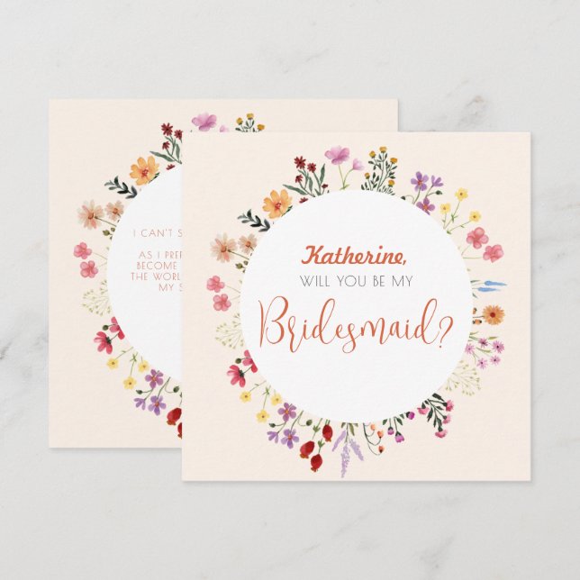 Invitación Guión de la dama de honor floral silvestre (Anverso / Reverso)