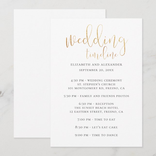 Invitación Guión de la línea de tiempo de la fiesta de bodas. (Anverso / Reverso)
