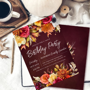 Invitación Guión de la Moda de las flores de Borgoña en otoño