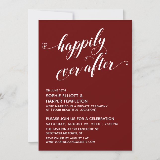 Invitación Guión de la Recepción de Corazones de Burgundy de  (Anverso)