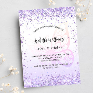 Invitación Guión de lavanda violeta con mariposa de cumpleaño