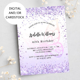 Invitación Guión de lavanda violeta con mariposa de cumpleaño