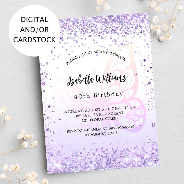 Invitación Guión de lavanda violeta con mariposa de cumpleaño (Subido por el creador)