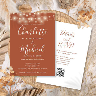 Invitación Guión de Luces de Cuerda Terracota Código QR Boda