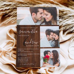Invitación Guión de madera marrón rusa 3 boda de fotos
