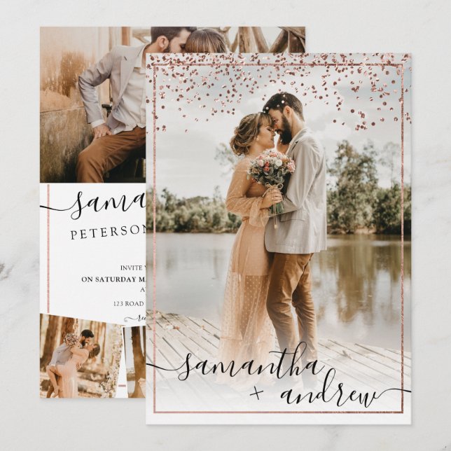 Invitación Guión de marco dorado rosa moderno 5 boda de fotos (Anverso / Reverso)