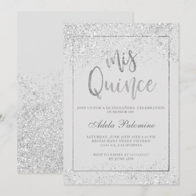 Invitación Guión de marco purpurina plateado gris Quinceañera (Anverso / Reverso)