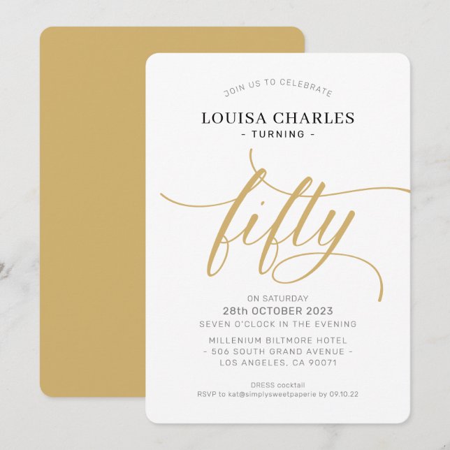 Invitación Guión de moda de cumpleaños elegante FIFTY oro mod (Anverso / Reverso)