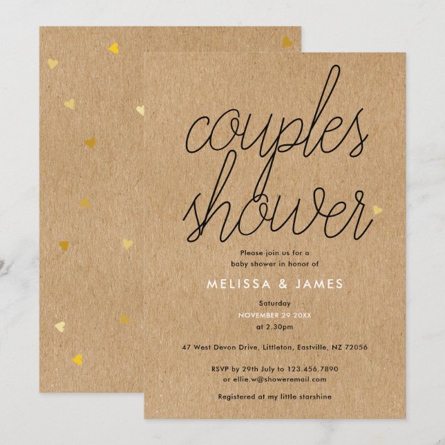 Invitación Guión de moda Kraft Gold Hearts Parejas Baby Showe (Anverso / Reverso)