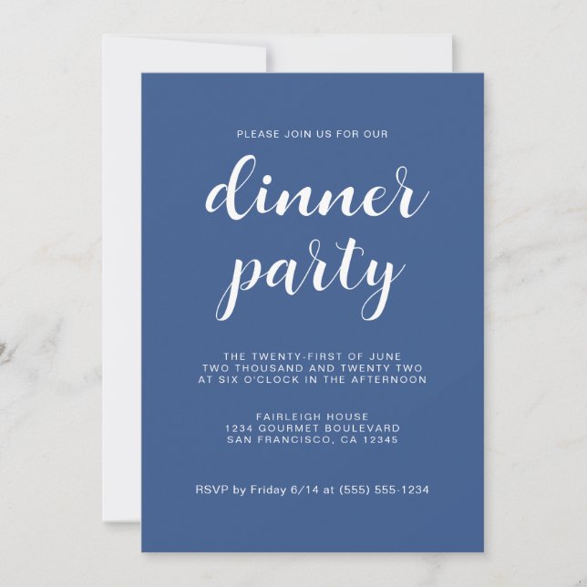 Invitación Guión de Moda simple Fiesta de cena azul clásico (Anverso)