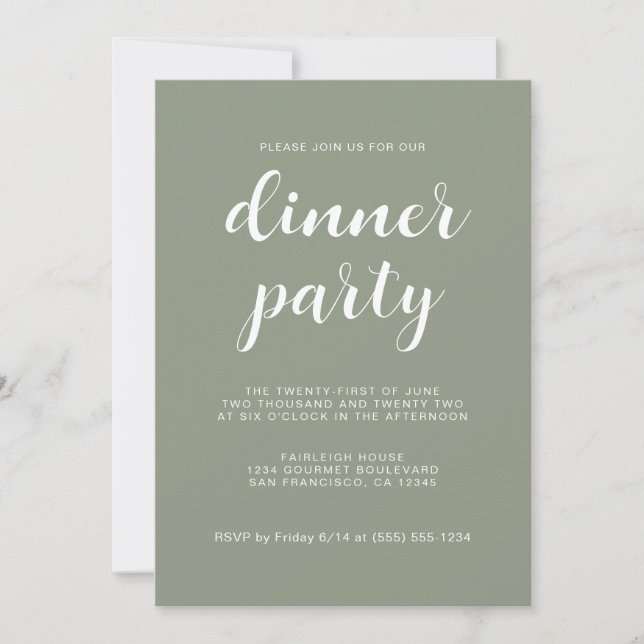 Invitación Guión de Moda simple Sage Green Dinner Fiesta (Anverso)