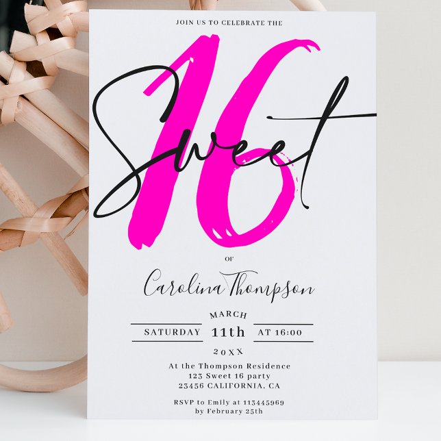 Invitación Guión de neón amarillo neón rosado foto Sweet 16 (Subido por el creador)