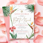 Invitación Guión de oro de color de agua floral de Mitzvah<br><div class="desc">Estar orgulloso, regocijarse y mostrar este hito de su Bat Mitzvah favorito con esta sofisticada y personalizada invitación! Elegantes, impresionantes, coloridas, aves acuáticas tropicales de flores del paraíso, escritura falsa de oro manuscrita, puntos Star of David y purpurinas, junto con sans serif color rosa rosa oscuro y gris moderno, superponen...</div>