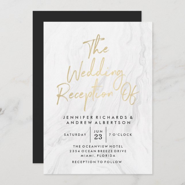 Invitación Guión de oro de mármol blanco moderno | BODA (Anverso / Reverso)