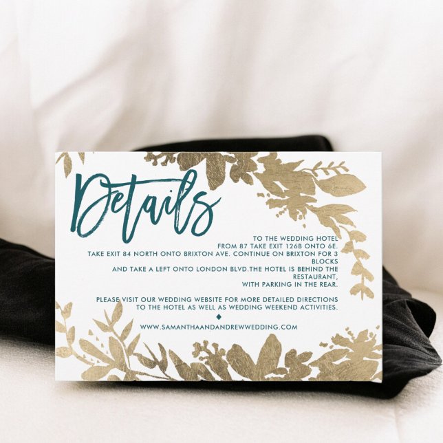 Invitación Guión de oro de moda Dirección del boda verde azul (Chic gold script Floral teal wedding direction Invitation)